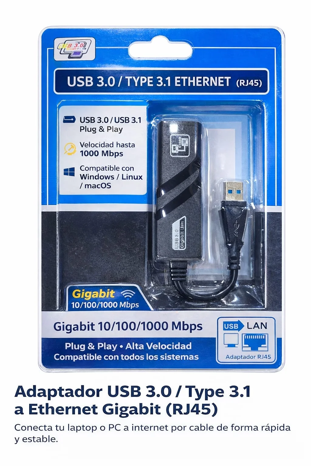ADAPTADOR DE USB A RJ45 CON VELOCIDAD DE 10/100/1000 MBPS