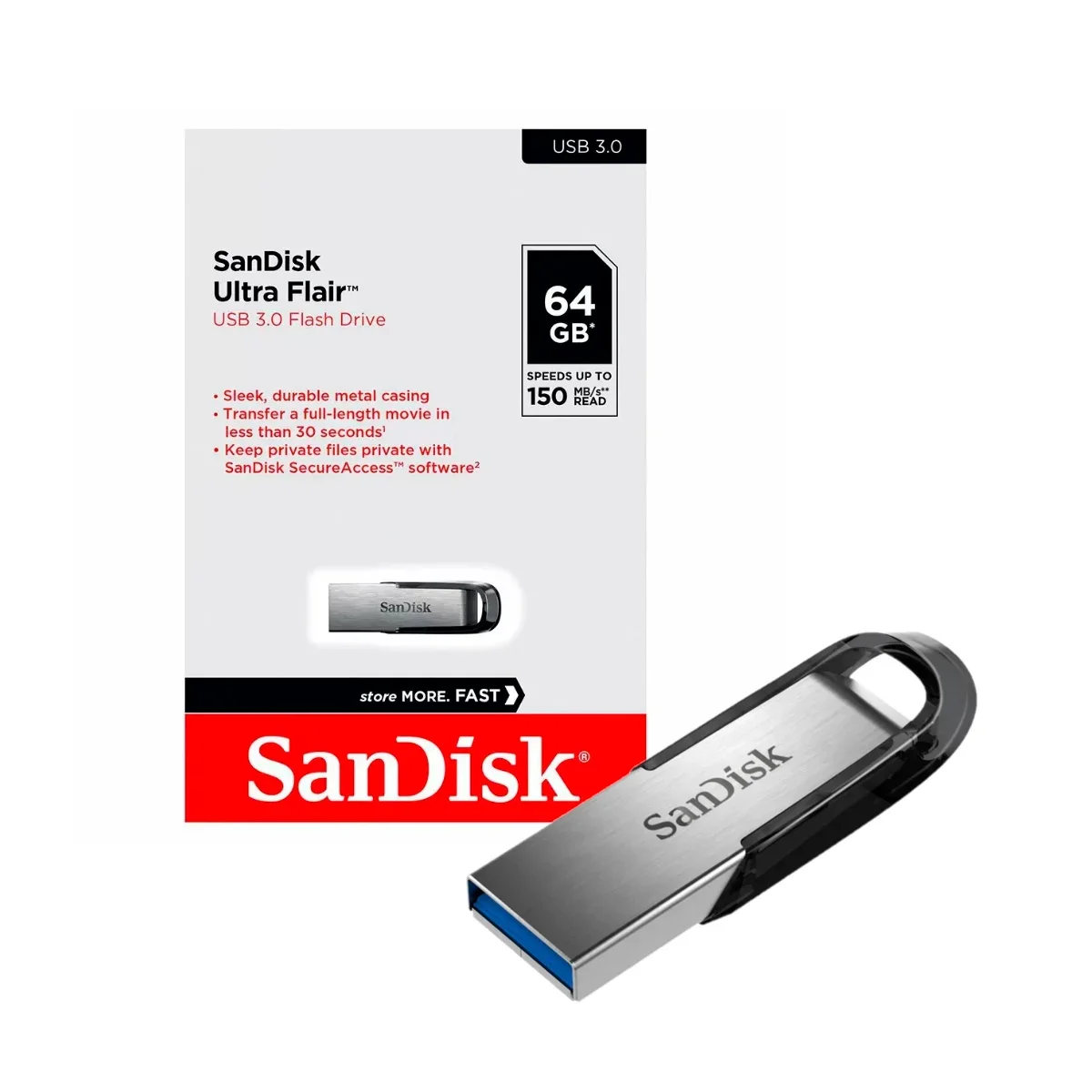 MEMORIA USB SANDISK ULTRA FLAIR DE 64GB DE 150MB/S DE VELOCIDAD