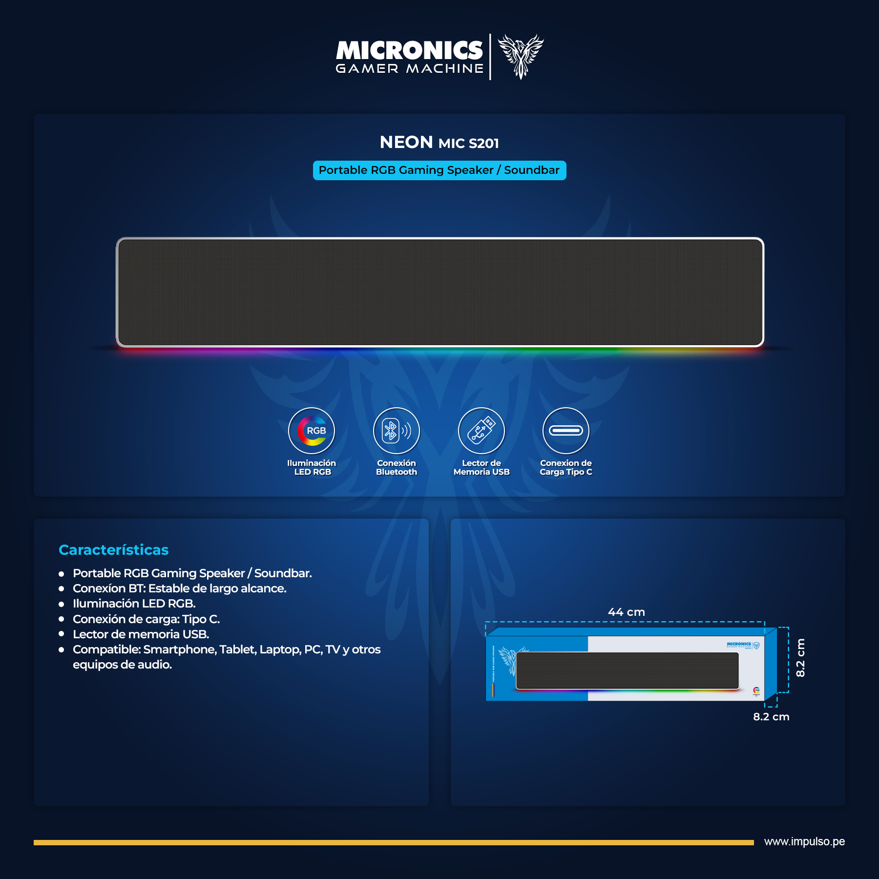 NEON MIC S201 PARLANTE SOUNDBAR PORTATIL BT MICRONICS - Imagen 2
