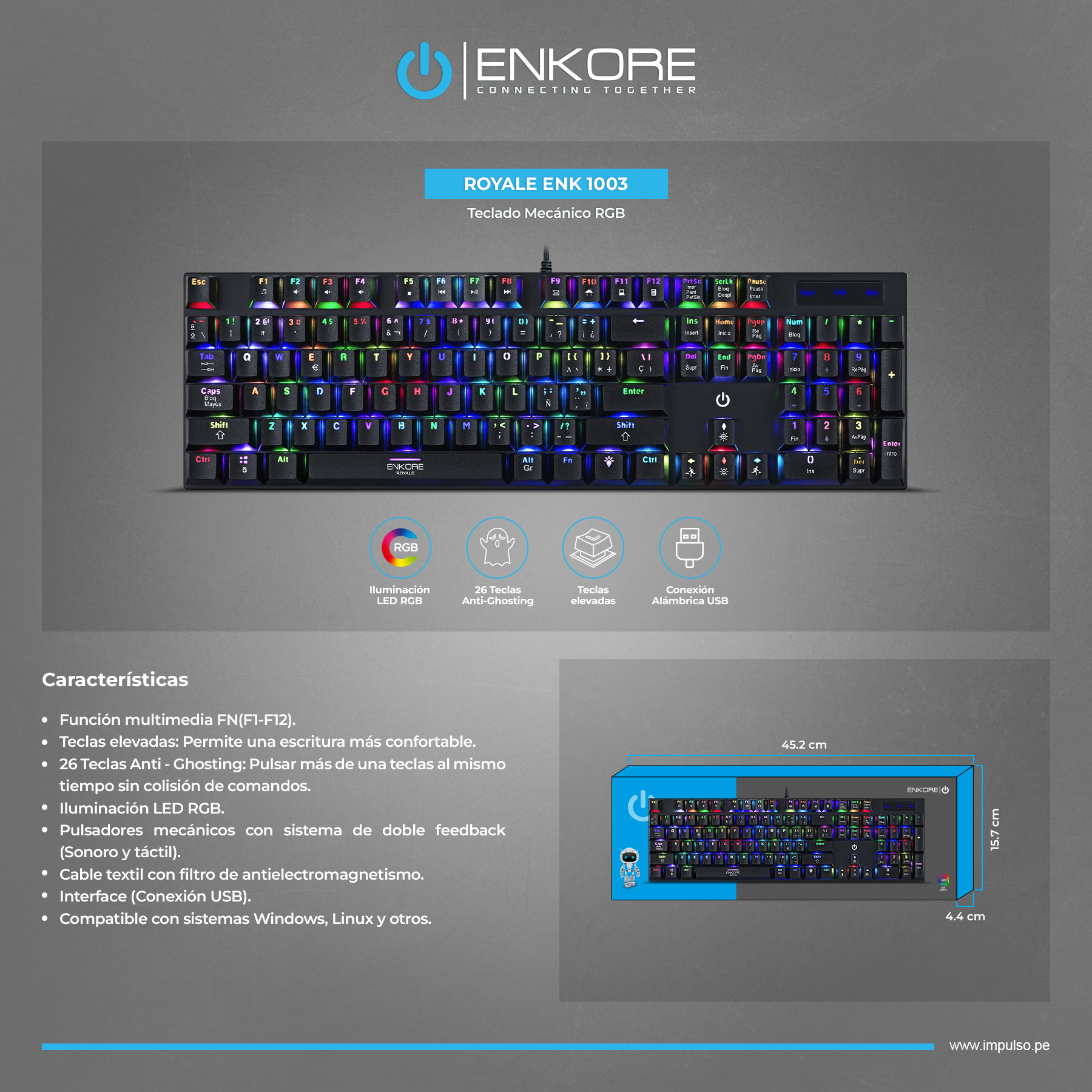 ENKORE - ROYALE ENK1003-5 RGB TECLADO GAMER MECANICO - Imagen 3