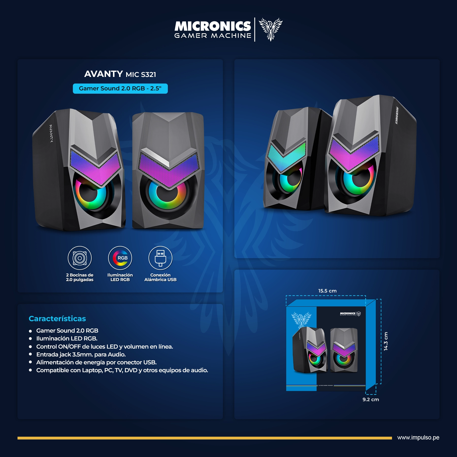 AVANTY MIC S321 PARLANTE 2.0 RGB 2" MICRONICS - Imagen 4