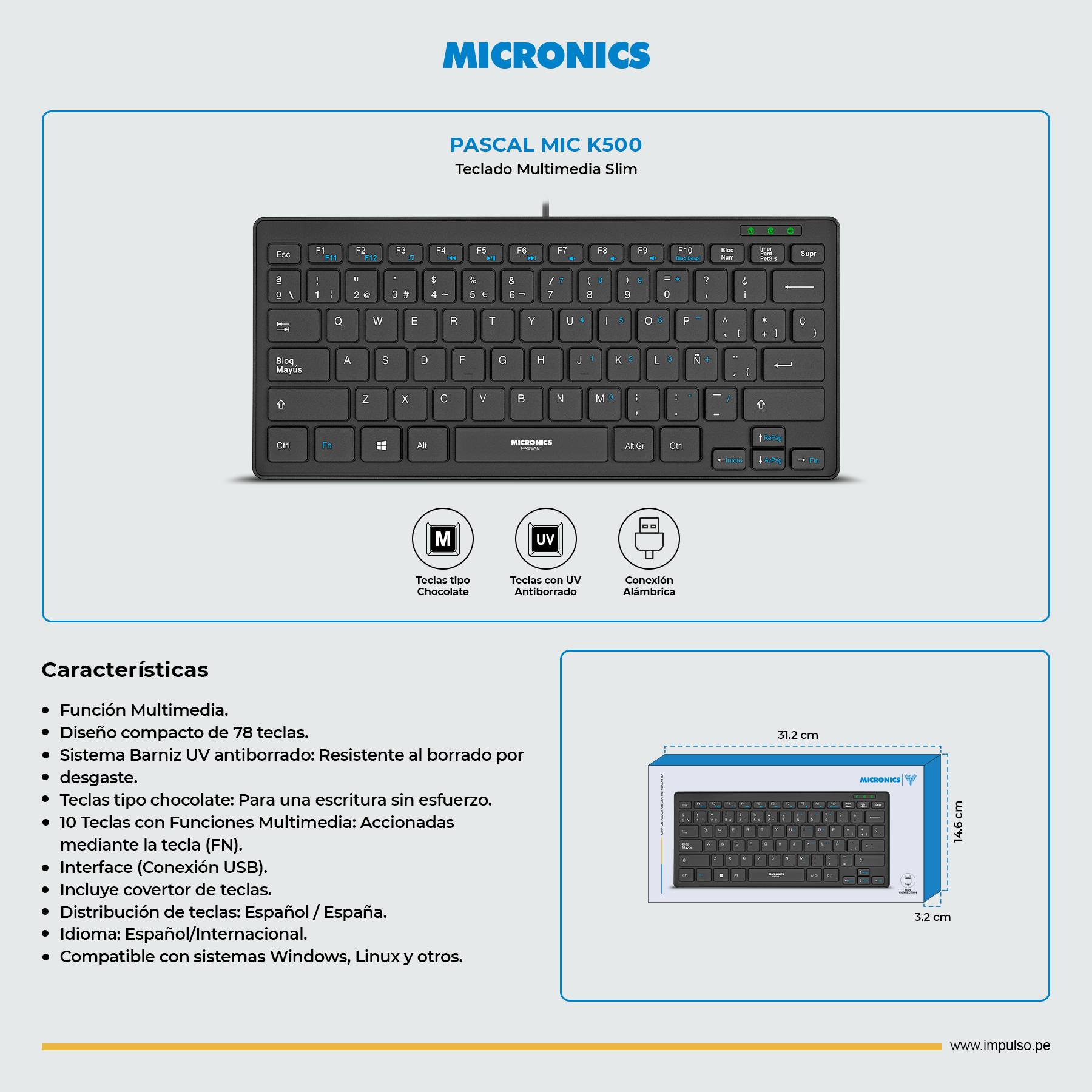 MICRONICS PASCAL TECLADO MULTIMEDIA USB MIC K500 - Imagen 2