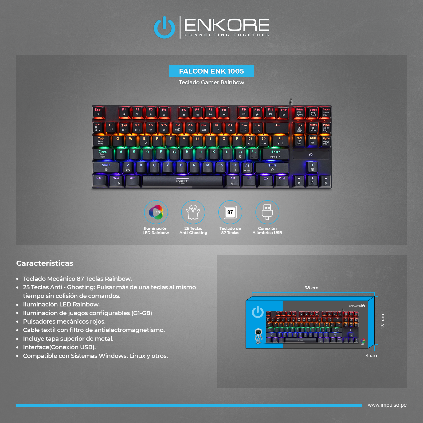 FALCON 87 ENK1005 TECLADO GAMER MECANICO USB RAINBOW - Imagen 2